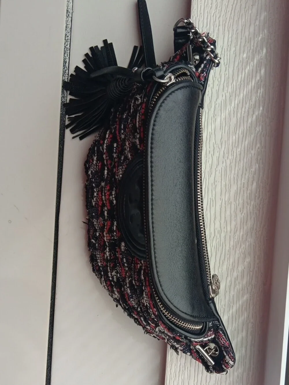 Tory Burch Black and Red Tweed Shoulder Bag with Tassel